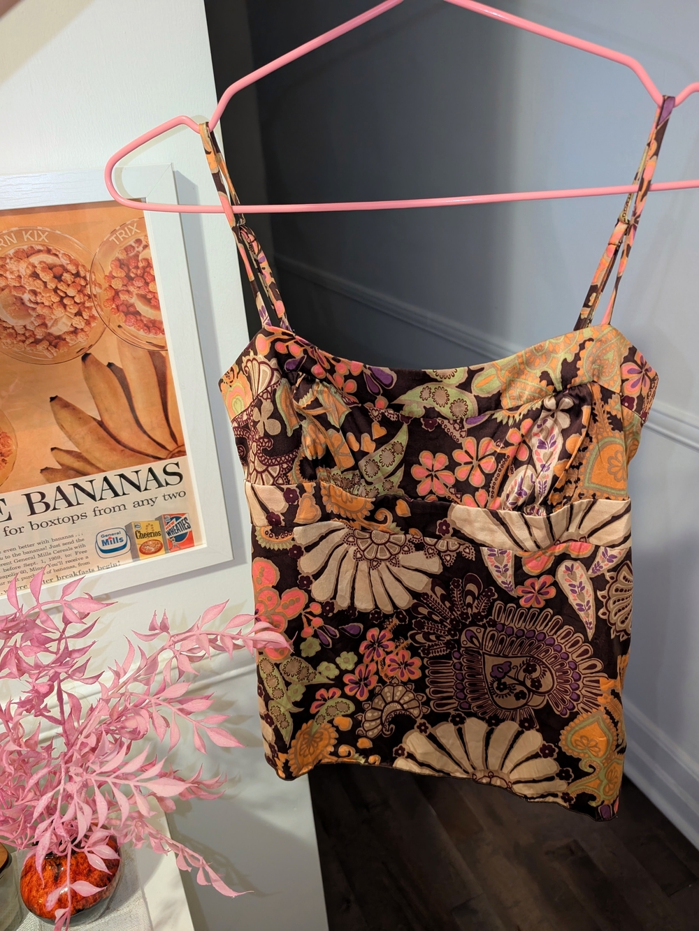 Trina Turk Floral Paisley Silk Cami in Brown Pink Orange